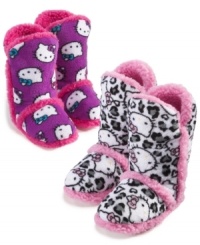 Keep her feet feeling sweet with a pair of these fun plush slipper booties from Hello Kitty. Keep her feet feeling sweet with a pair of these fun plush slipper booties from Hello Kitty.