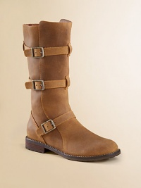 A motorcycle-inspired design with cool buckle details for a rugged look. Side zip closure Leather upper Rubber sole Padded insole Leather lining Imported A motorcycle-inspired design with cool buckle details for a rugged look. Side zip closure Leather upper Rubber sole Padded insole Leather lining Imported
