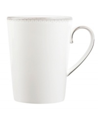 Wake up to fresh, luminous style with this fine china mug. From innovative designer Monique Lhullier, it features a platinum-edged tiered scallop pattern on creamy white. Wake up to fresh, luminous style with this fine china mug. From innovative designer Monique Lhullier, it features a platinum-edged tiered scallop pattern on creamy white.