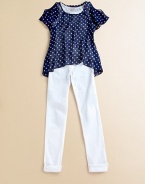Perky in polka dots with a high-low hem, this cut-out chiffon top is layered for a not-so-sheer appearance.Round neckShort sleeves with cut-out shouldersPullover styleHigh-low hemLining: 95% rayon/5% spandexPolyesterHand washImported