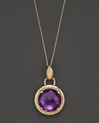 An expertly rendered faceted round amethyst pendant set in 14 Kt. gold, with fine link chain. An expertly rendered faceted round amethyst pendant set in 14 Kt. gold, with fine link chain.