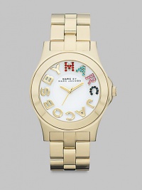 Colorful crystals accent the logo dial on this simply chic, stainless steel style. Quartz movementWater resistant to 5 ATMRound goldtone ion-plated stainless steel case, 40mm (1.6) Smooth bezelWhite dialCrystal accented and smooth logo hour markersSecond hand Goldtone ion-plated stainless steel link braceletImported 