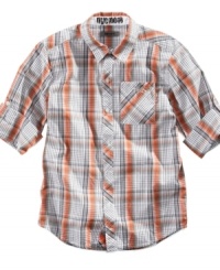 On a roll. Keep him steadily stylish with this plaid DKNY shirt with rollable sleeves. On a roll. Keep him steadily stylish with this plaid DKNY shirt with rollable sleeves.
