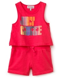 With a colorful tropics-inspired logo print and a roomy double-layered tank, Juicy Couture's printed terry romper gets baby ready for vacation. With a colorful tropics-inspired logo print and a roomy double-layered tank, Juicy Couture's printed terry romper gets baby ready for vacation.