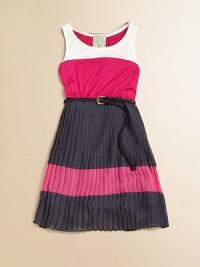 A pleated chiffon skirt is crowned by a tank-style topper and woven belt in this trendy colorblocking design.ScoopneckSleevelessPullover styleBelted elastic waistbandSide pocketsFull pleated skirtTop: 96% rayon/4% spandexSkirt: PolyesterHand washMade in the USA of imported fabric A pleated chiffon skirt is crowned by a tank-style topper and woven belt in this trendy colorblocking design.ScoopneckSleevelessPullover styleBelted elastic waistbandSide pocketsFull pleated skirtTop: 96% rayon/4% spandexSkirt: PolyesterHand washMade in the USA of imported fabric