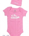 Converse Baby Chuck Taylor Graphic Bodysuit, Baby Beanie and Booties Set (One Size 0-6 Months) Pink, 0 - 6 Months