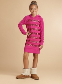 Cozy as her favorite fleece sweatshirt, dazzling with bands of sequins on front.Pullover dressAttached hoodLong raglan sleevesBanded cuffs and hemPolyamideDry cleanImported Cozy as her favorite fleece sweatshirt, dazzling with bands of sequins on front.Pullover dressAttached hoodLong raglan sleevesBanded cuffs and hemPolyamideDry cleanImported