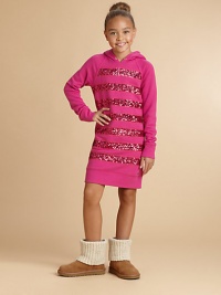 Cozy as her favorite fleece sweatshirt, dazzling with bands of sequins on front.Pullover dressAttached hoodLong raglan sleevesBanded cuffs and hemPolyamideDry cleanImported