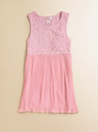 A gorgeous lace overlay and pleated skirt make this glamorous, sleeveless frock a must-have for your little princess.ScoopneckSleevelessPullover stylePleated skirt95% viscose/5% spandexHand washImported A gorgeous lace overlay and pleated skirt make this glamorous, sleeveless frock a must-have for your little princess.ScoopneckSleevelessPullover stylePleated skirt95% viscose/5% spandexHand washImported