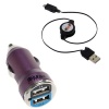 GTMax Metallic Purple 2-port USB Car Charger Adapter (2.1A Output) + Black 3 Ft Micro USB Retractable Sync & Charge Cable for Casio G'zOne Ravine, G'zOne Commando C771
