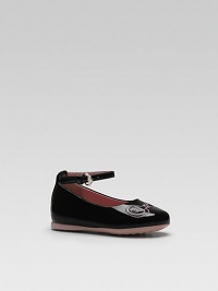 Unmistakable , signature horsebit stitching adorns rich patent leather flats with GG-embossed sole.Adjustable buckle ankle strapPatent leather upperLeather liningRubber solePadded insoleMade in Italy Unmistakable , signature horsebit stitching adorns rich patent leather flats with GG-embossed sole.Adjustable buckle ankle strapPatent leather upperLeather liningRubber solePadded insoleMade in Italy
