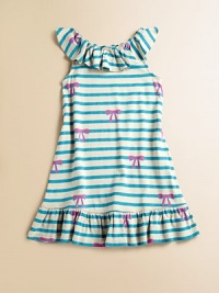 Sweet bows, stripes and flirty ruffles are the perfect frilly, feminine adornments for this a-line frock.Ruffled jewelneckSleevelessPullover styleA-line silhouetteRuffled hem51% modal/49% cottonMachine washImported Sweet bows, stripes and flirty ruffles are the perfect frilly, feminine adornments for this a-line frock.Ruffled jewelneckSleevelessPullover styleA-line silhouetteRuffled hem51% modal/49% cottonMachine washImported