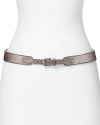 Cole Haan shapes your look this season with a simply styled leather belt, which closes with a glossy adjustable buckle.