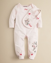 A cozy option that evokes spring year-round, this pretty footie is embroidered with birds and flowers and finished with bows at the feet. The coordinating bib helps meal time be neater. A cozy option that evokes spring year-round, this pretty footie is embroidered with birds and flowers and finished with bows at the feet. The coordinating bib helps meal time be neater.