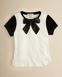 She'll take a bow in this adorable top featuring an oversized sequin bow and contrast velvet sleeves - a cozy option for dinner out with the grandparents. She'll take a bow in this adorable top featuring an oversized sequin bow and contrast velvet sleeves - a cozy option for dinner out with the grandparents.