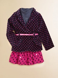 A poppy layer with bright polka-dots and a matching belt with a bold patent finish.Notch lapelOpen front with synthetic leather beltAngled front flap pocketsBack ventFully lined98% cotton/2% elastaneMachine washImported A poppy layer with bright polka-dots and a matching belt with a bold patent finish.Notch lapelOpen front with synthetic leather beltAngled front flap pocketsBack ventFully lined98% cotton/2% elastaneMachine washImported