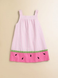 A darling seersucker dress with watermelon appliqué adds to her sweeetness.Square necklineSleevelessBack shoulder buttonsCottonMachine washImported A darling seersucker dress with watermelon appliqué adds to her sweeetness.Square necklineSleevelessBack shoulder buttonsCottonMachine washImported