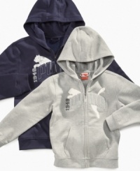 Put them in classic sportswear for definite comfort with this hoodie from Puma. Put them in classic sportswear for definite comfort with this hoodie from Puma.