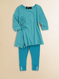 A fun set that pairs a striped, rosette accented tunic with solid leggings for a modern look. Tunic ScoopneckThree-quarter length sleevesPull-on styleRosettes with darted accentedAsymmetrical hem Leggings Elastic waistband95% cotton/5% spandexMachine washImported A fun set that pairs a striped, rosette accented tunic with solid leggings for a modern look. Tunic ScoopneckThree-quarter length sleevesPull-on styleRosettes with darted accentedAsymmetrical hem Leggings Elastic waistband95% cotton/5% spandexMachine washImported