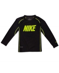 Never let them see him sweat with this performance sport shirt featuring Dri-Fit technology from Nike. Never let them see him sweat with this performance sport shirt featuring Dri-Fit technology from Nike.