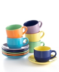 Mix and match two-tone espresso cups and solid saucers from the Color Cafe set from Gibson drinkware for a totally brilliant casual table. Dishwasher- and microwave-safe stoneware make entertaining a cinch. Mix and match two-tone espresso cups and solid saucers from the Color Cafe set from Gibson drinkware for a totally brilliant casual table. Dishwasher- and microwave-safe stoneware make entertaining a cinch.