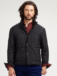 Exude casually cool style in a modern racer jacket featuring a packable hood for whatever weather comes your way.Zip frontStand collarZippered chest, waist pocketsFully linedAbout 27 from shoulder to hemPolyesterDry cleanImported Exude casually cool style in a modern racer jacket featuring a packable hood for whatever weather comes your way.Zip frontStand collarZippered chest, waist pocketsFully linedAbout 27 from shoulder to hemPolyesterDry cleanImported