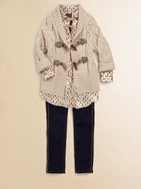 A luxe layer to keep her warm, updated with Fendi logos and a chunky cable knit.Ribbed shawl collarThree-quarter sleeves with turned cuffsToggle closure80% virgin wool/20% polyamideDry cleanMade in Italy of imported fabric A luxe layer to keep her warm, updated with Fendi logos and a chunky cable knit.Ribbed shawl collarThree-quarter sleeves with turned cuffsToggle closure80% virgin wool/20% polyamideDry cleanMade in Italy of imported fabric