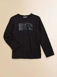 An ultra-soft, long-sleeved cotton tee is splashed with logo screen print for a cool touch.CrewneckLong sleevesFront logo designPullover styleCottonMachine washImported An ultra-soft, long-sleeved cotton tee is splashed with logo screen print for a cool touch.CrewneckLong sleevesFront logo designPullover styleCottonMachine washImported