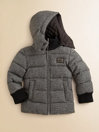 A puffy wool jacket reverses to a quilted topper with detachable hood, stand collar and side slash pockets.Detachable hoodStand collarLong sleevesFull-zip frontSide slash pocketsWoolReverse: PolyesterDry cleanImported