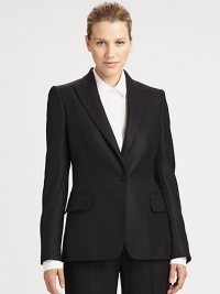 Menswear-inspired tailoring and clean, minimal details define this textured wool piece.Peaked lapelsButton closureFlap pocketsButton cuffsBack ventAbout 26 from shoulder to hemWoolDry cleanMade in Italy of imported fabricModel shown is 5'11 (180cm) wearing US size 4. Additional Information Women's Premier Designer & Contemporary Size Guide Menswear-inspired tailoring and clean, minimal details define this textured wool piece.Peaked lapelsButton closureFlap pocketsButton cuffsBack ventAbout 26 from shoulder to hemWoolDry cleanMade in Italy of imported fabricModel shown is 5'11 (180cm) wearing US size 4. Additional Information Women's Premier Designer & Contemporary Size Guide