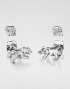 Shiny sterling silver cuff links in a moneyed bull & bear design.Sterling silverAbout .87 diam.Made in USA