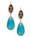 Adorn yourself with playful shapes and brilliant color. These pretty drop earrings highlight pear-cut turquoise (14 ct. t.w.) and marquise-cut smokey topaz (5-1/2 ct. t.w.) in 14k gold. Approximate drop: 1-3/4 inches.