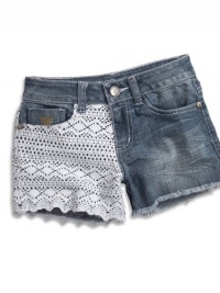 GUESS Kids Girls Big Girls Denim Shorts W/ Crochet Lace, MEDIUM STONE (16) GUESS Kids Girls Big Girls Denim Shorts W/ Crochet Lace, MEDIUM STONE (16)