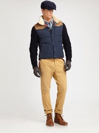 Nylon jacket with wool cable knit sleeves and suede shoulder trim for an outstanding outerwear selection.Zip frontStand collarSide slash pocketsAbout 25 from shoulder to hemCotton/nylonDry cleanImported Nylon jacket with wool cable knit sleeves and suede shoulder trim for an outstanding outerwear selection.Zip frontStand collarSide slash pocketsAbout 25 from shoulder to hemCotton/nylonDry cleanImported