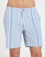 Practical in the water or walking those hot, summer streets, tailored in quick-drying cotton-nylon.Flat-front styleZip flySide slash, back flap pocketsFully linedInseam, about 7½54% cotton/46% nylonMachine washImported
