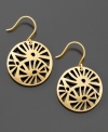 A hint of the tropics; these gorgeous Kenneth Cole New York goldtone filigree earrings feature a subtly exotic design. Approximate diameter: 3/4 inches. Approximate length: 1-1/4 inches.