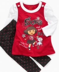 Hola! She can explore an extra-sweet look with her BFF Dora, thanks to this t-shirt and leggings set from Nannette. Hola! She can explore an extra-sweet look with her BFF Dora, thanks to this t-shirt and leggings set from Nannette.