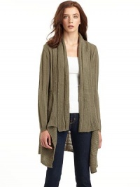 THE LOOKOpen weave shawl collarOpen frontLong ribbed cuff sleevesContrasting ribbed and open weave designAsymmetrical hemTHE FITAbout 40 from shoulder to longest point of hemTHE MATERIAL85% acrylic/15% nylonCARE & ORIGINHand washImported THE LOOKOpen weave shawl collarOpen frontLong ribbed cuff sleevesContrasting ribbed and open weave designAsymmetrical hemTHE FITAbout 40 from shoulder to longest point of hemTHE MATERIAL85% acrylic/15% nylonCARE & ORIGINHand washImported