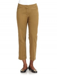 THE LOOKBanded waistFront zip with double hook closureSide pocketsStraight legBack dartsBack button besom pocketTHE FITRise, about 9Inseam, about 26THE MATERIAL57% cotton/40% lyocell/3% spandexCARE & ORIGINMachine washImportedModel shown is 5'9½ (176cm) wearing US size 4. THE LOOKBanded waistFront zip with double hook closureSide pocketsStraight legBack dartsBack button besom pocketTHE FITRise, about 9Inseam, about 26THE MATERIAL57% cotton/40% lyocell/3% spandexCARE & ORIGINMachine washImportedModel shown is 5'9½ (176cm) wearing US size 4.