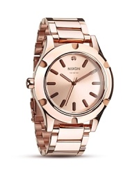 The Nixon Camden watch goes glamorous with diamond detailing at 12:00. This stunner goes everywhere in a rose gold hue with a sleek, classic face.