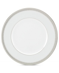 Spun with shimmering platinum, the Belle Haven accent plate by Lenox has all the elegance of white china – with a playful twist! Delicate beading and an extra flourish add to its enchanting style. Spun with shimmering platinum, the Belle Haven accent plate by Lenox has all the elegance of white china – with a playful twist! Delicate beading and an extra flourish add to its enchanting style.