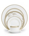 Lace Gold place settings are inspired by the intricate ribbons of lace that adorn Vera Wang dresses. This gold lace border melds with a delicate floral design to form a pattern on this collection of dinnerware and dishes that is both exquisitely detailed and elegantly timeless.