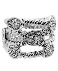 Distinctively different. A twist silhouette and sparkling bezel-set crystals set apart this striking ring from T Tahari's Essentials Collection. Made in silver tone mixed metal, it's nickel-free and appropriate for sensitive skin. Size 7. Distinctively different. A twist silhouette and sparkling bezel-set crystals set apart this striking ring from T Tahari's Essentials Collection. Made in silver tone mixed metal, it's nickel-free and appropriate for sensitive skin. Size 7.
