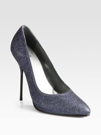 Runway-worthy, sparkling silhouette of glitter-coated fabric with a piercing metal heel. Metal heel, 5¼ (130mm)Glitter-coated fabric upperLeather liningLeather and rubber solePadded insoleMade in Spain Runway-worthy, sparkling silhouette of glitter-coated fabric with a piercing metal heel. Metal heel, 5¼ (130mm)Glitter-coated fabric upperLeather liningLeather and rubber solePadded insoleMade in Spain