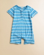 Handsome stripes, layered-look short sleeves and a side patch pocket make this adorable little playsuit a must-have for your little one.CrewneckShort sleevesButton-frontBottom snaps39% supima pima/39% micro modal/22% polyesterMachine washImported Please note: Number of buttons and snaps may vary depending on size ordered. 