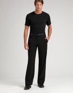 Flat-front style with on-seam pockets. Front zipper Belt loops Wool/elastene; dry clean Imported