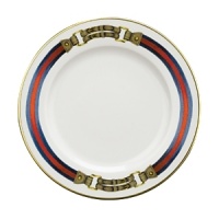 A signature bridle decal accents this porcelain Ralph Lauren dessert plate, finished with a fine gold stripe at the rim. A signature bridle decal accents this porcelain Ralph Lauren dessert plate, finished with a fine gold stripe at the rim.