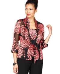 A floral-inspired print adorns the jacket and top of Alex Evenings' evening set in a contrasting coral hue. It looks elegant and polished with a pair of black pants. A floral-inspired print adorns the jacket and top of Alex Evenings' evening set in a contrasting coral hue. It looks elegant and polished with a pair of black pants.