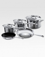 This essential collection of Le Creuset stainless steel is perfect for newlyweds or a new kitchen. Tri-ply construction with full aluminum cores provide even, all-around heat distribution while eliminating hot-spots and scorching. The set includes a nonstick omelet pan, fry pan, two saucepans with lids and a stockpot with lid.