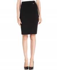 Decorative hardware and a sleek ponte-knit pencil silhouette makes Calvin Klein's skirt a must-have. Decorative hardware and a sleek ponte-knit pencil silhouette makes Calvin Klein's skirt a must-have.